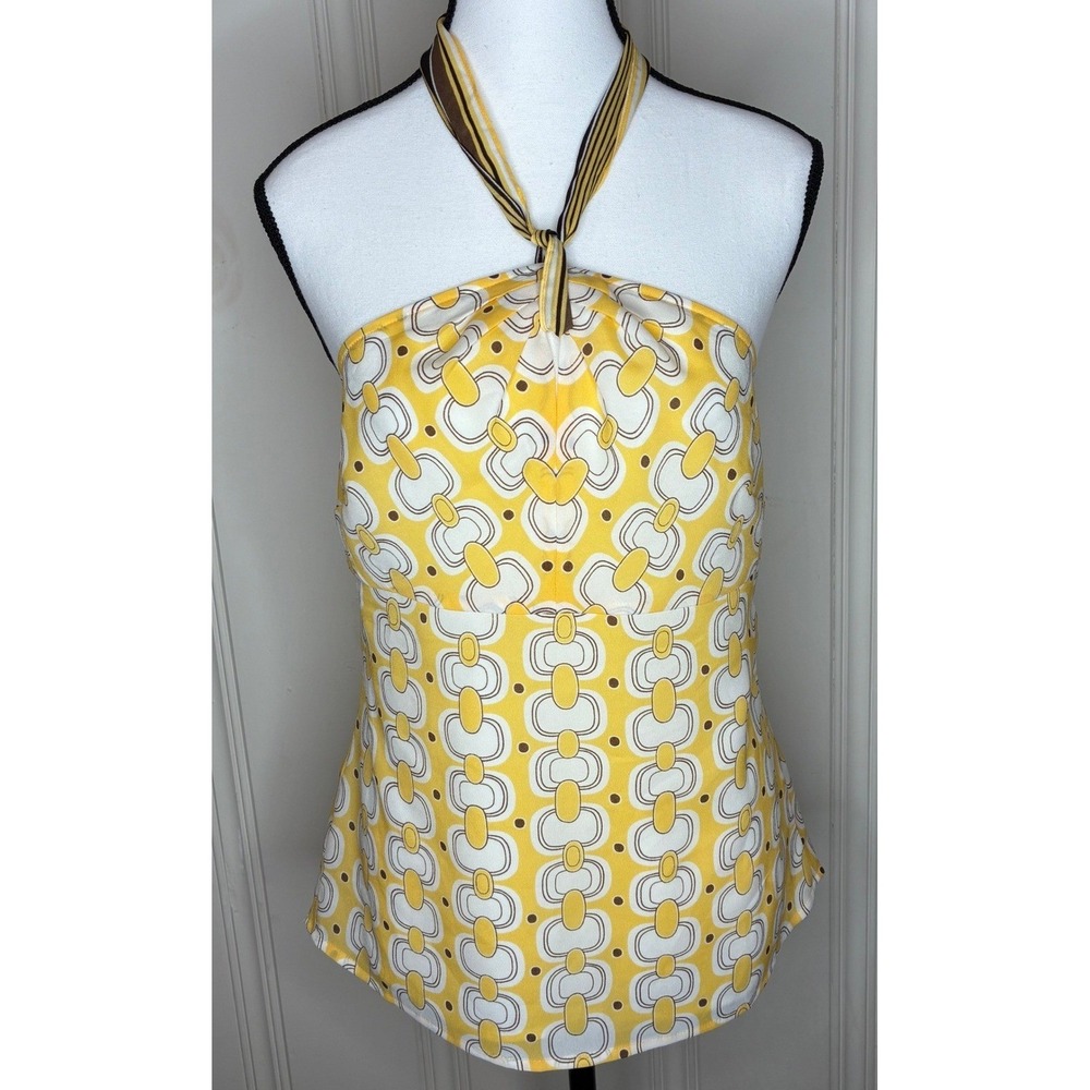 Ann Taylor Loft Petite Yellow Geometric Chain Print Halter Top 4P retro festival